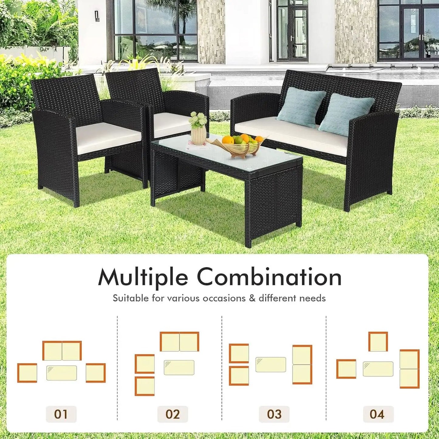 Rattan Outdoor Patio Furniture Set 4 Piece White Cushions from PriceLows™