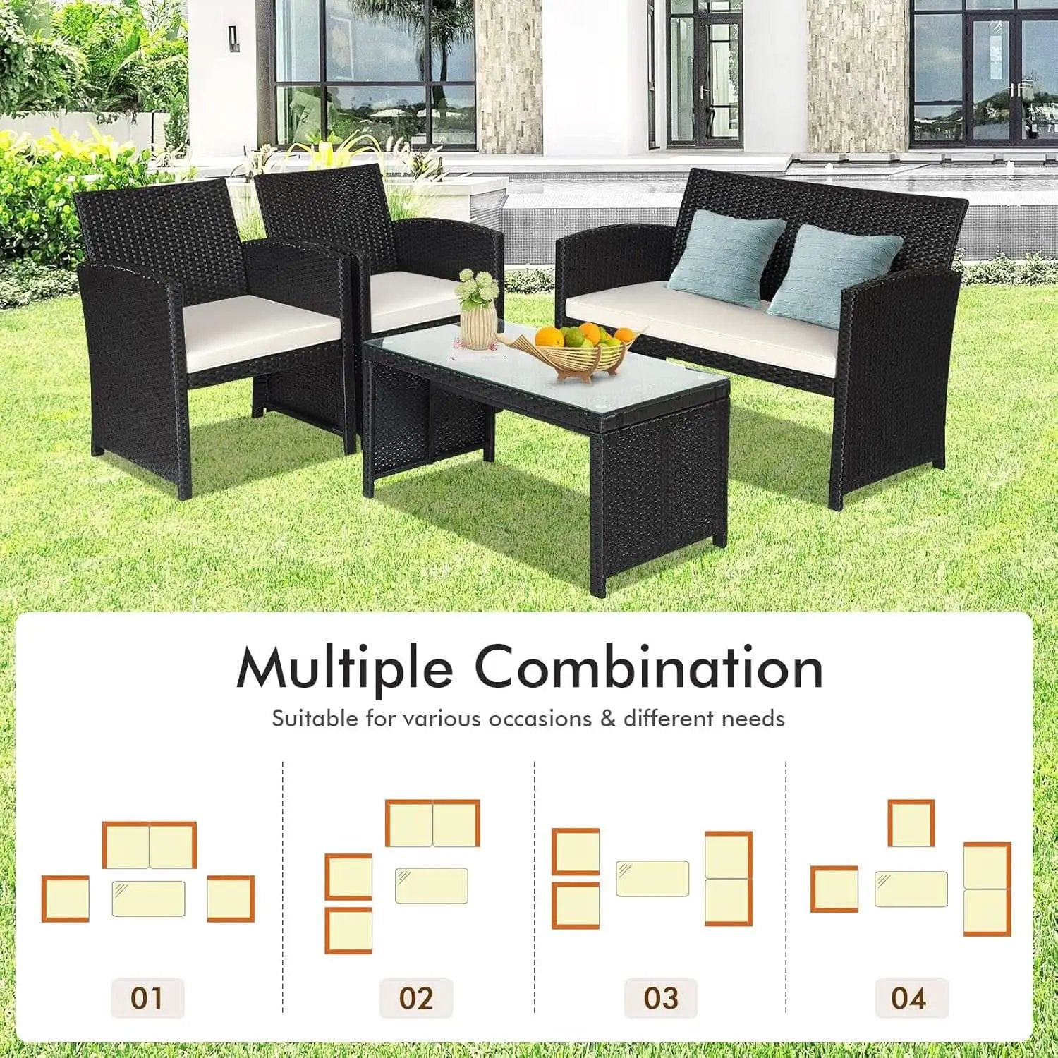 Rattan Outdoor Patio Furniture Set 4 Piece White Cushions from PriceLows™