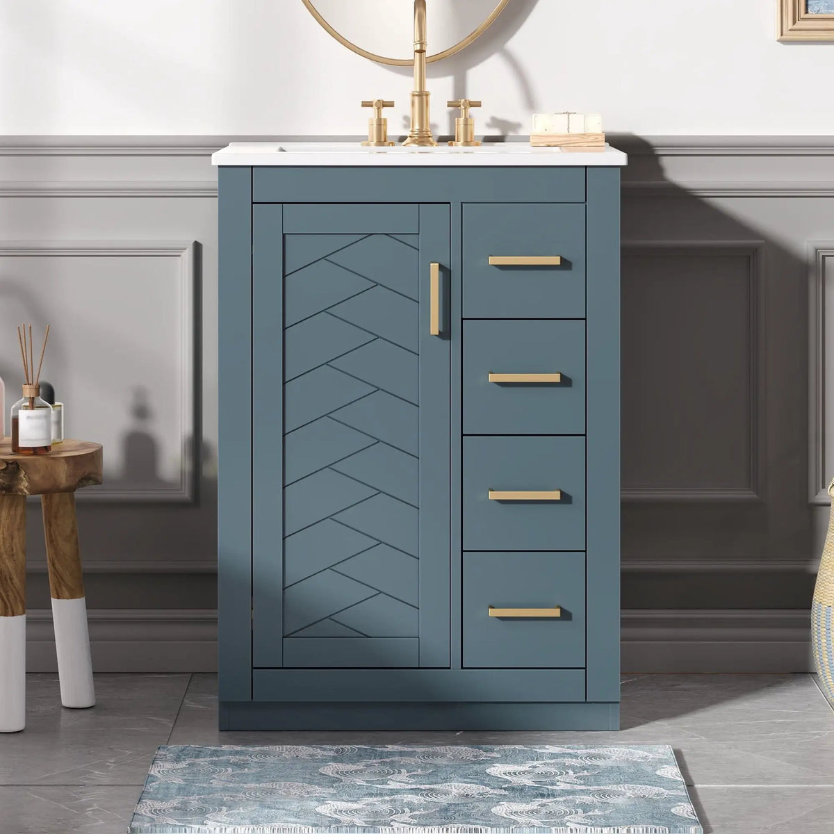 24 Inch Modern Bathroom Vanity | 1 Door 3 Drawers | Ceramic Sink | Compact Footprint