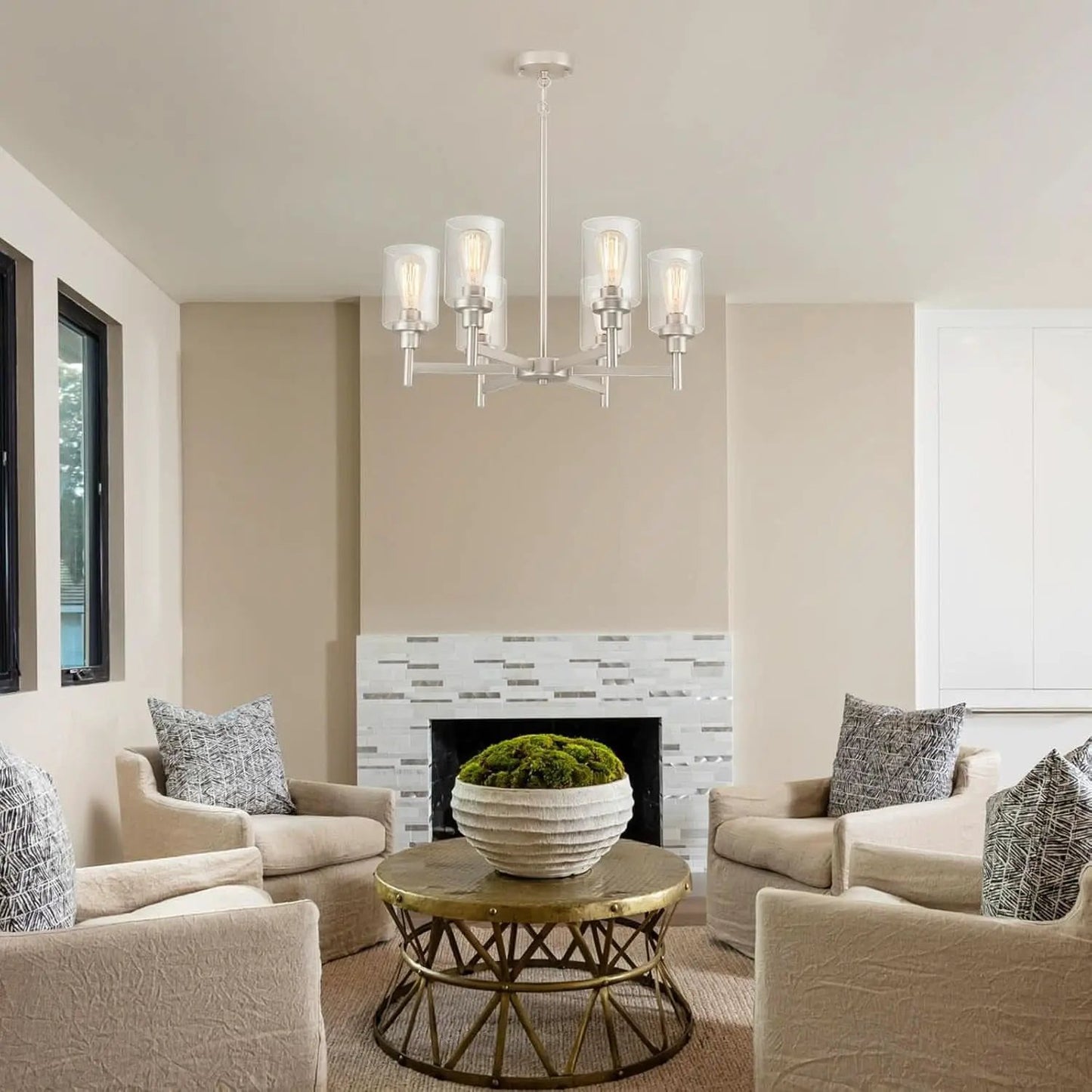 Brushed Nickel Six Light Chandelier With Clear Glass Shades from PriceLows™