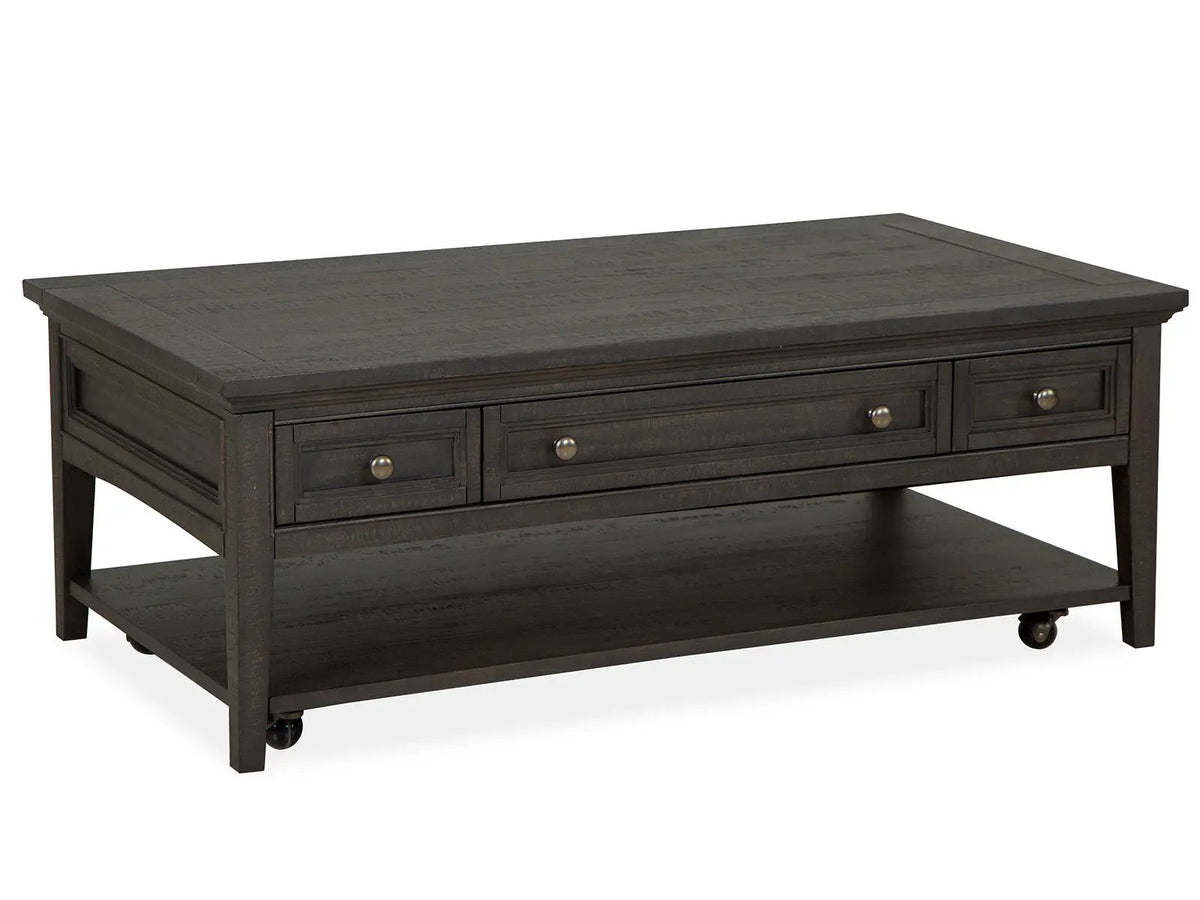 Westley Falls Rectangular Cocktail Table | Graphite | Three Storage Drawers | Casters