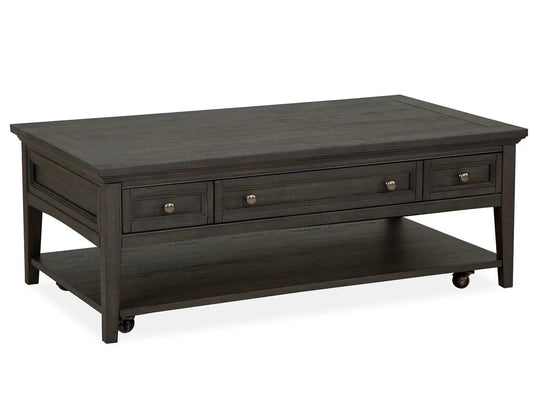 Westley Falls Rectangular Cocktail Table | Graphite | Three Storage Drawers | Casters