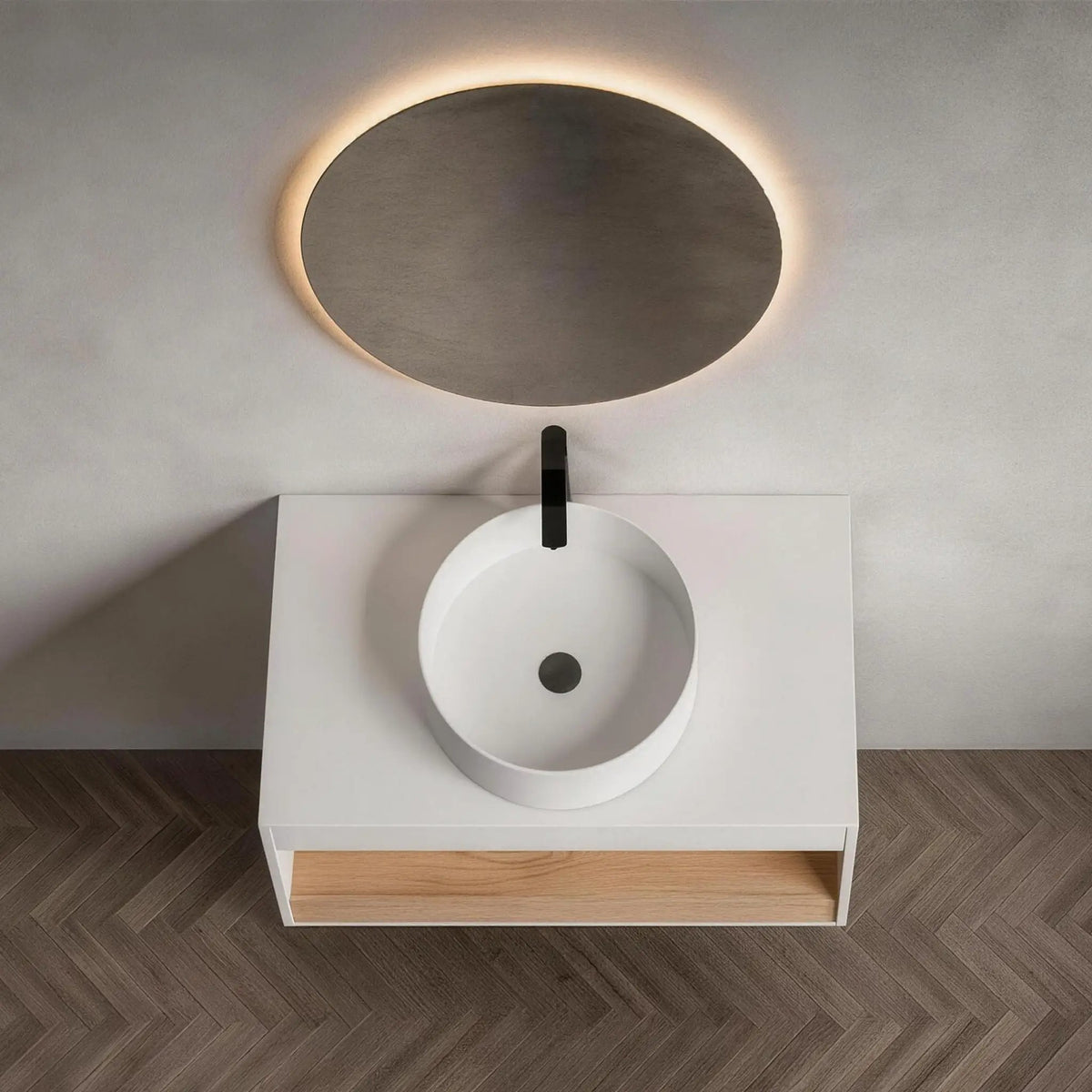 Floating Bathroom Vanity | Round Glossy Sink | Wall Mounted | Compact Design