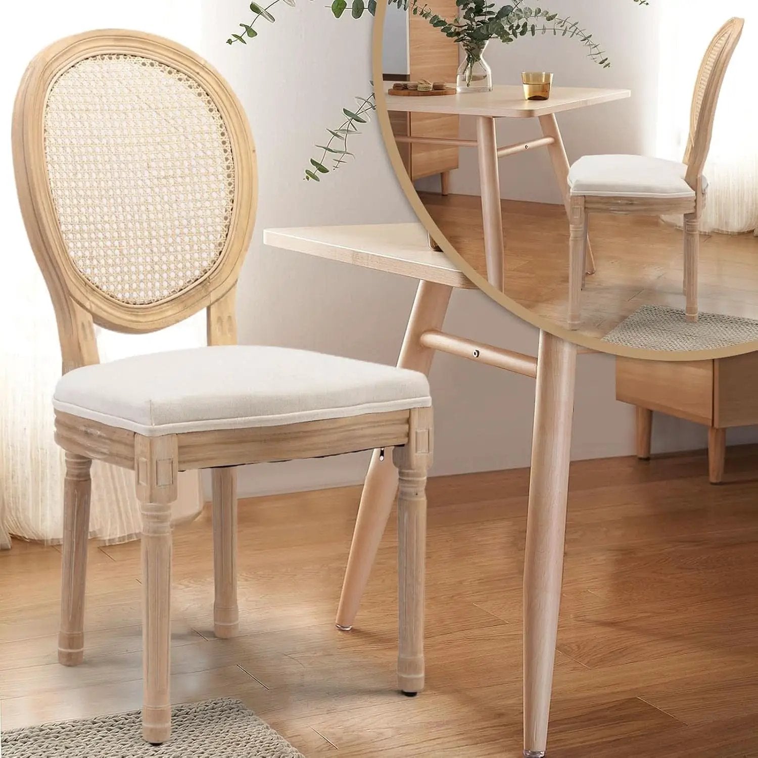 Oval Back Rattan Upholstered Dining Chairs Set Of 6 Beige With Wood Legs from PriceLows™