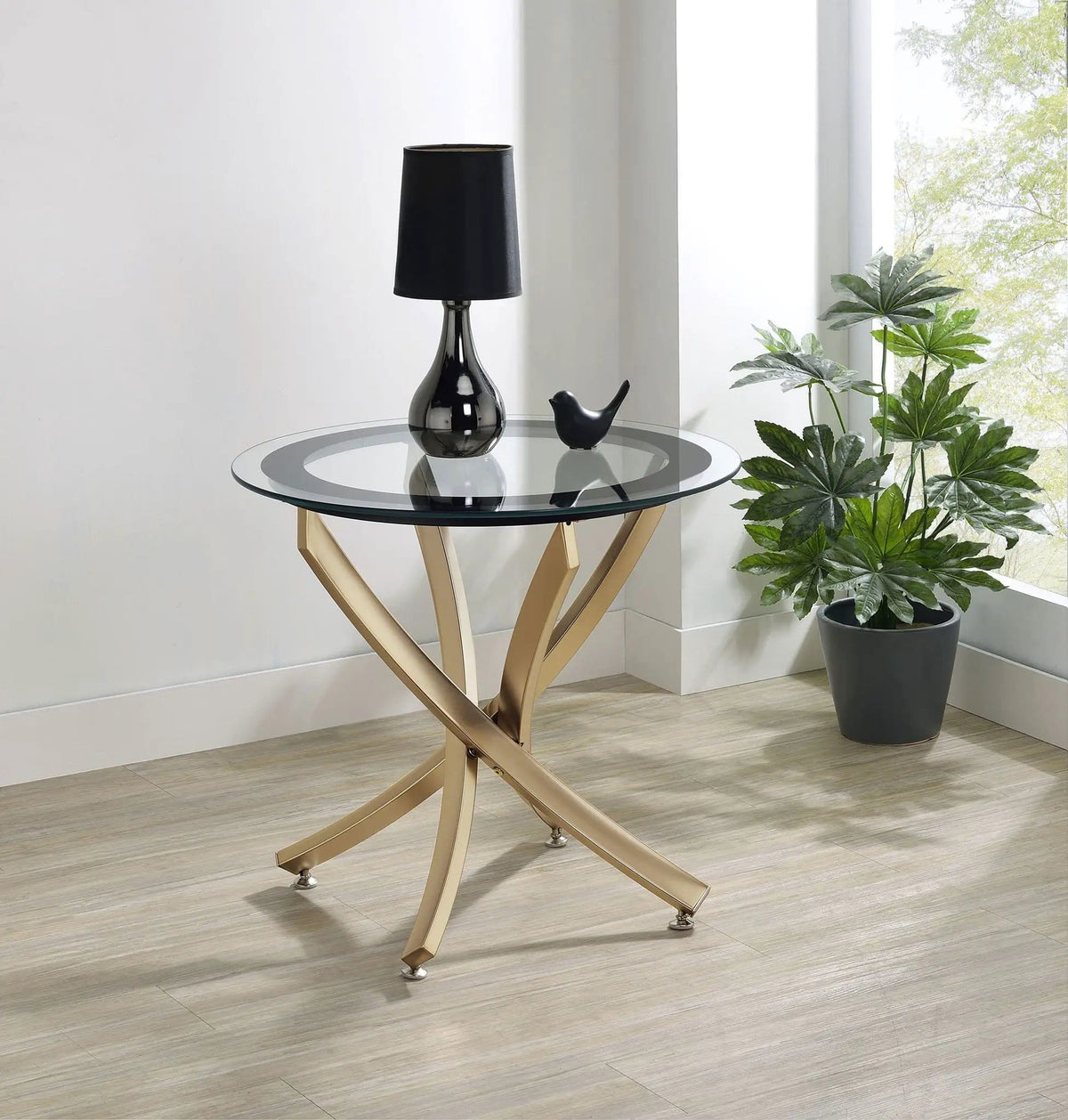 Brooke Round Glass Top Side End Table Metal Base | 23.5 x 23.5 x 22 in | Tempered Glass & Metal | Brass