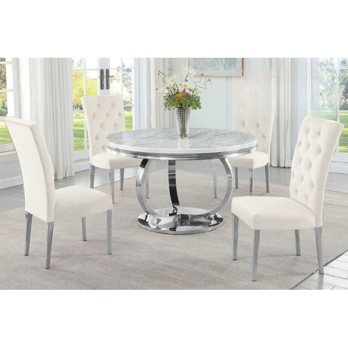 Tufted Dining Chair | Fabric Upholstery | Metal Base | Set Of Two