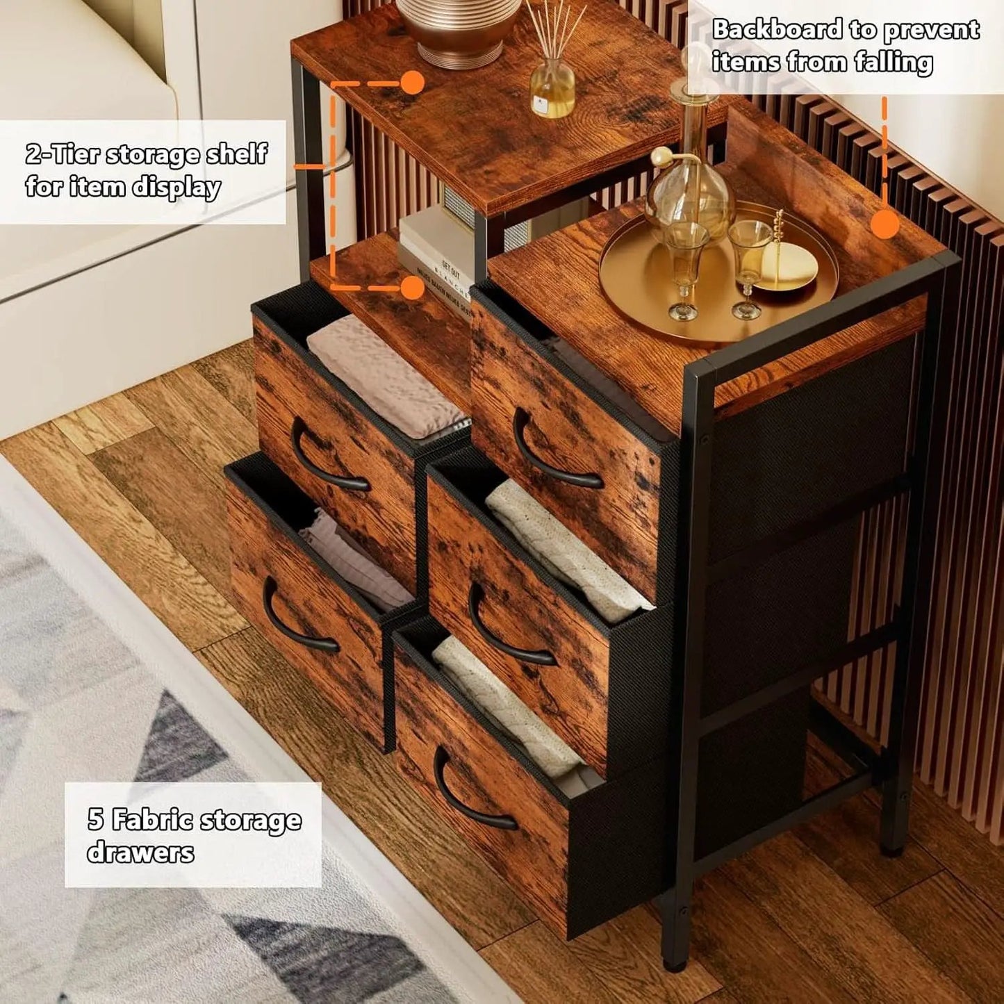 5 Drawer Rustic Brown Dresser With Metal Frame For Bedroom from PriceLows™