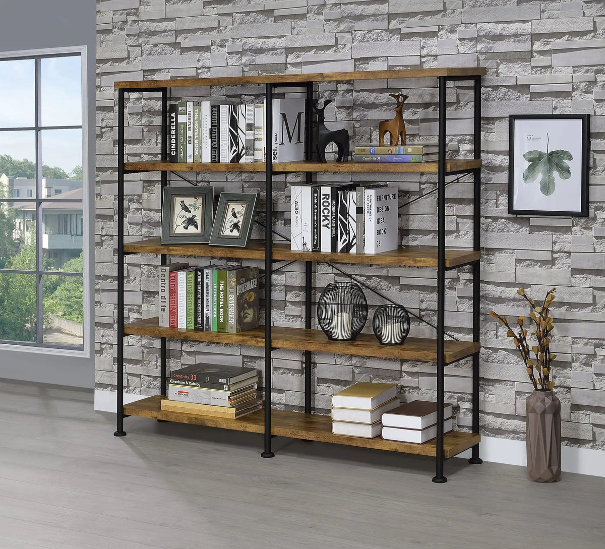 Analiese 63-inch 4-shelf Double Bookshelf Rustic Nutmeg Standard Bookcase | 60 x 14.25 x 63 in | Engineered Wood & Metal | Home Office