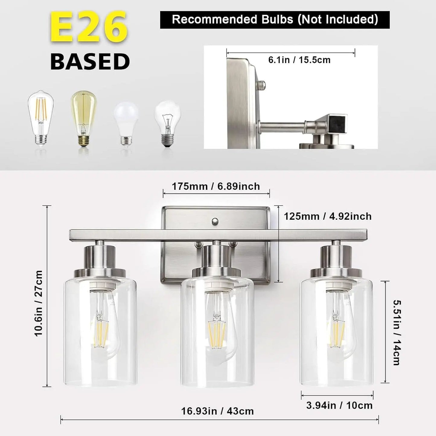 3 Light Brushed Nickel Vanity Light Fixture For Bathroom from PriceLows™
