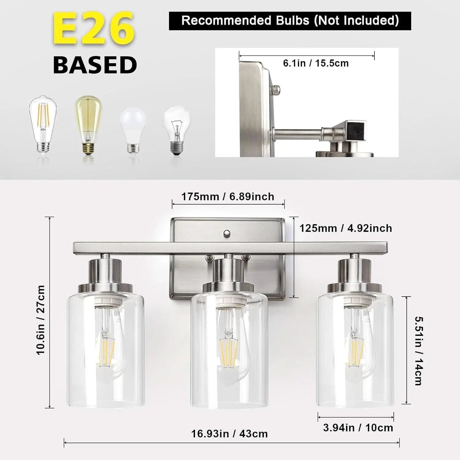 3 Light Brushed Nickel Vanity Light Fixture For Bathroom from PriceLows™