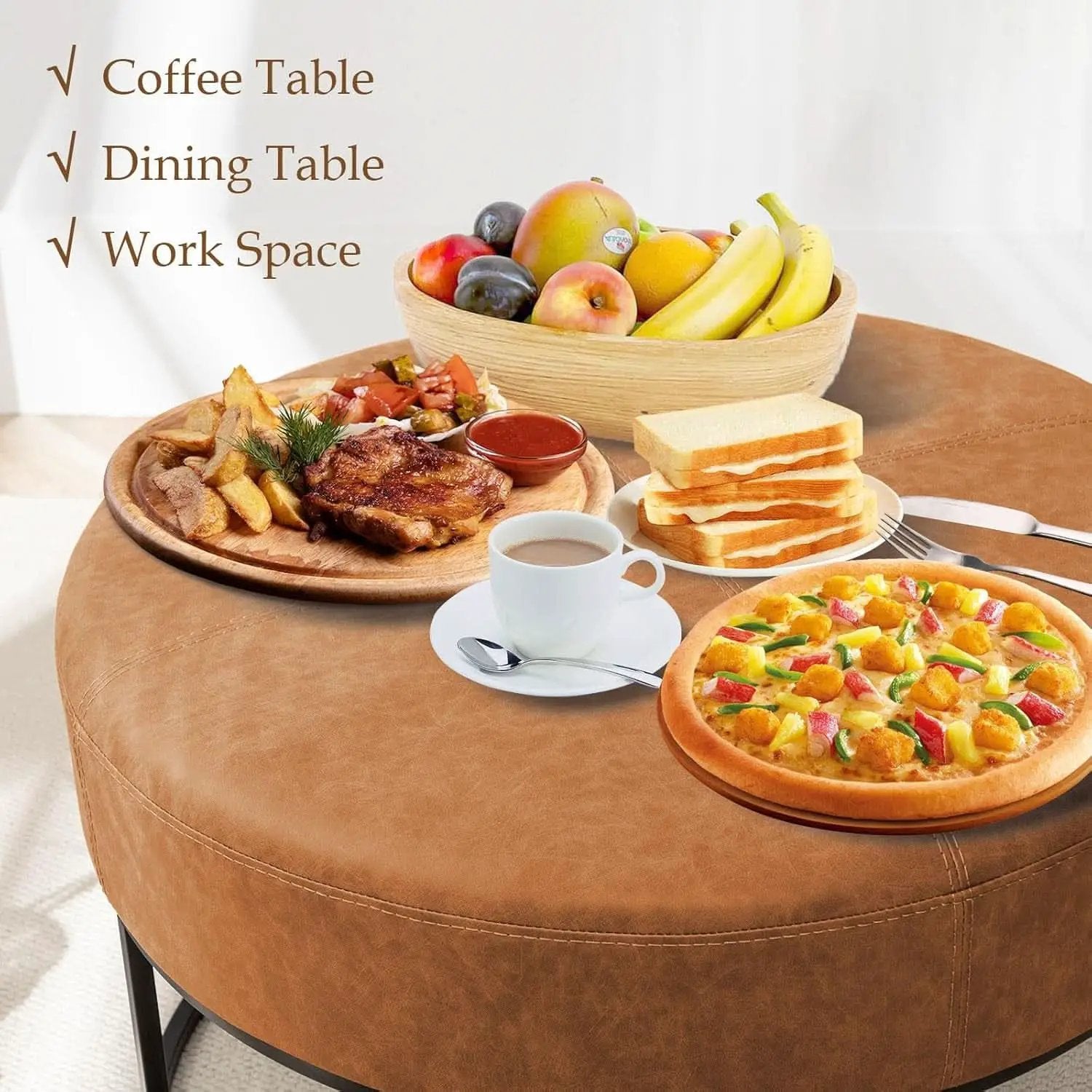 Round Leatherette Upholstered Coffee Table Midnight Brown from PriceLows™