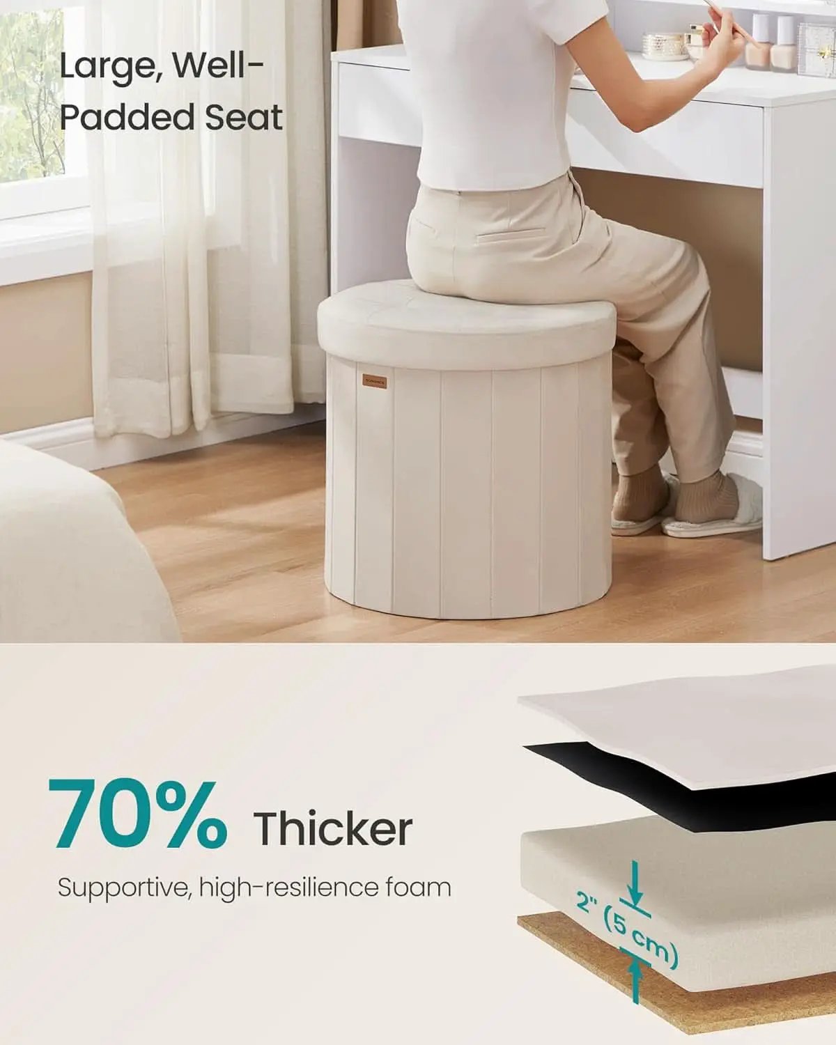 Round Folding Storage Ottoman Cappuccino Beige Velvet from PriceLows™