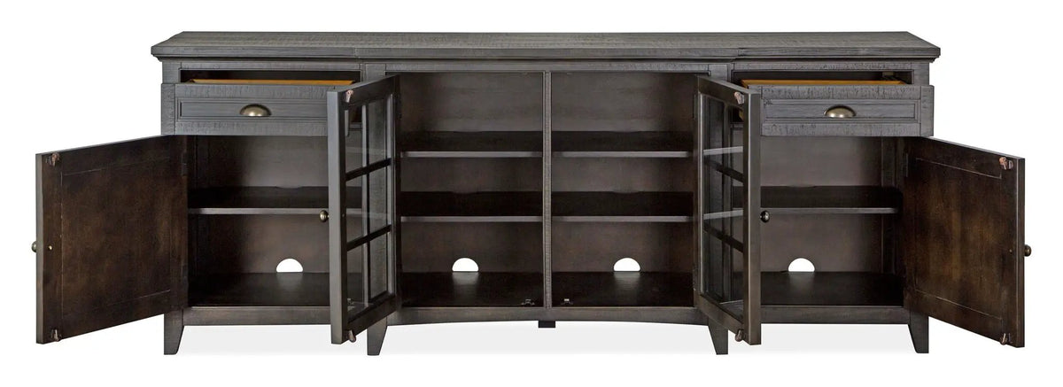 Westley Falls Entertainment Console | Wood Framed Glass Doors | Felt Lined Top Drawers | 70 Inch Width