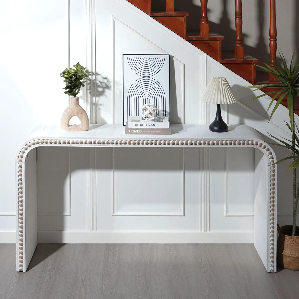 Waterfall Console Table | 59 Inch Width | Wood Trim Accent | Farmhouse Finish