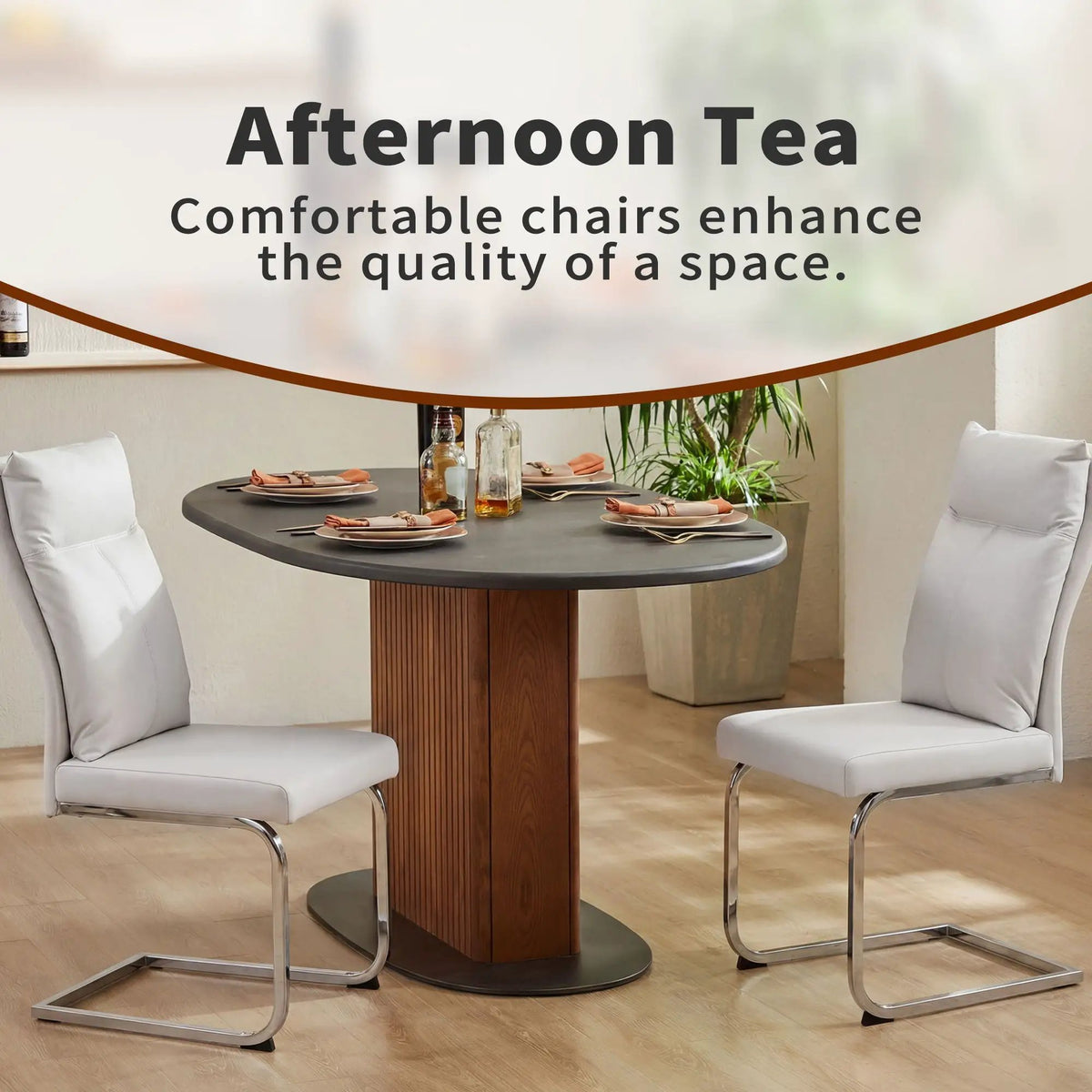 Modern Dining Chairs | Set Of 2 | Soft Cushion Backrest | C-Shaped Chrome Base