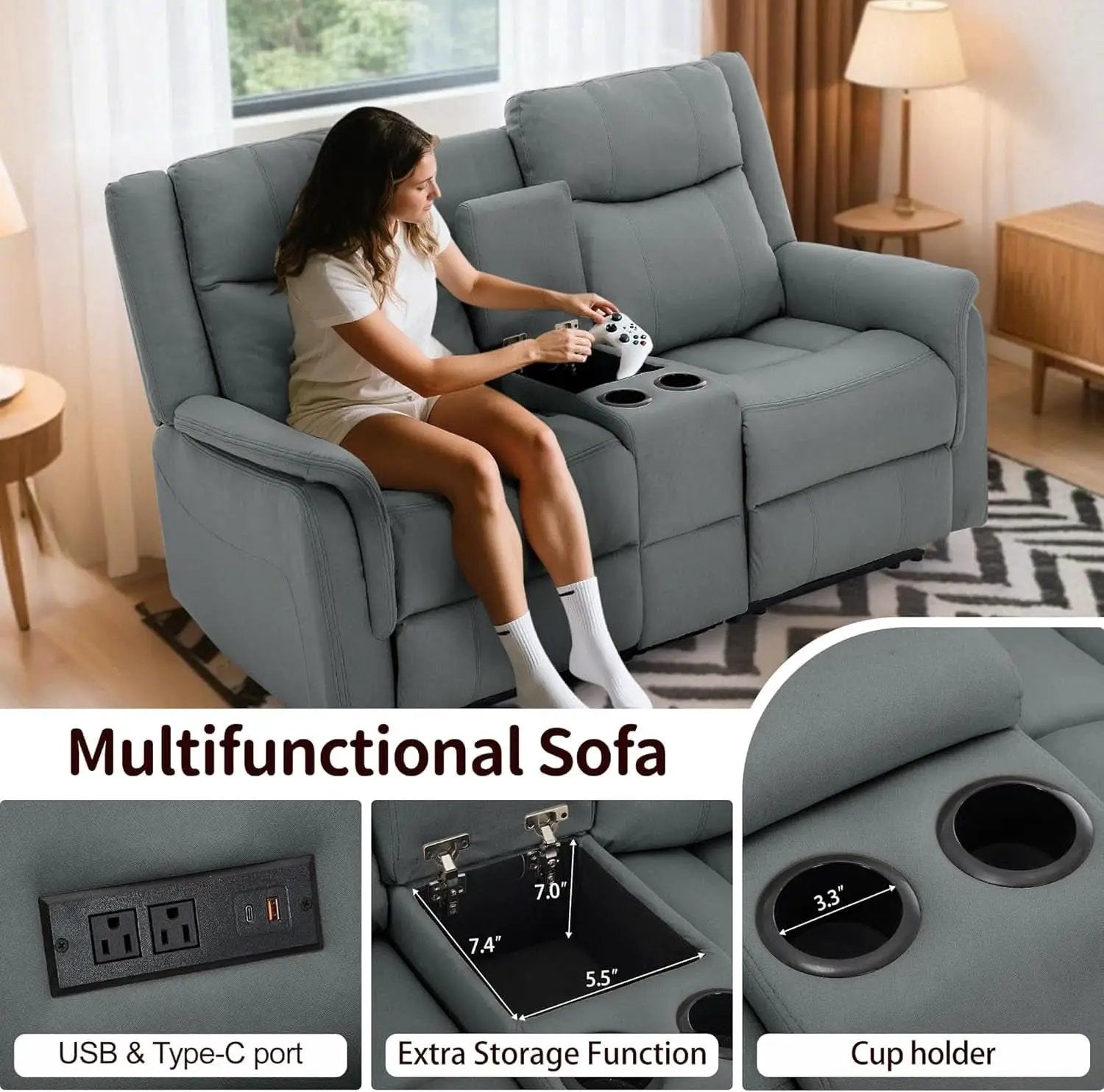 Two Seater Recliner Sofa With USB Charging Port And Cup Holders from PriceLows™