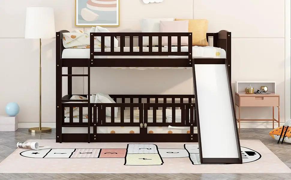 Low Bunk Bed With Slide | Fence And Ladder | Built-In Play Area | Kids Bedroom
