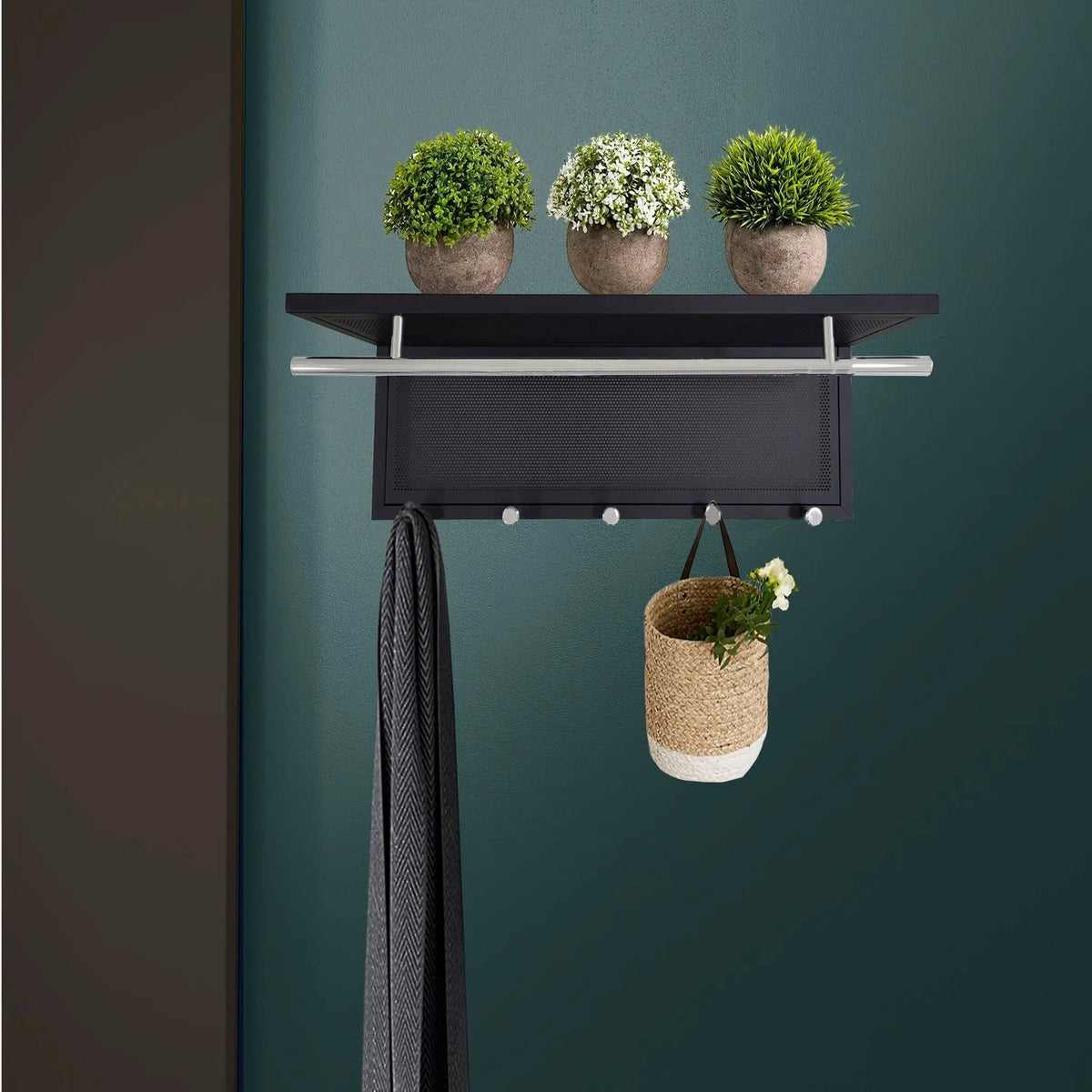 Wall Mounted Coat Rack | 5 Metal Hooks | Storage Shelf And Hanging Bar