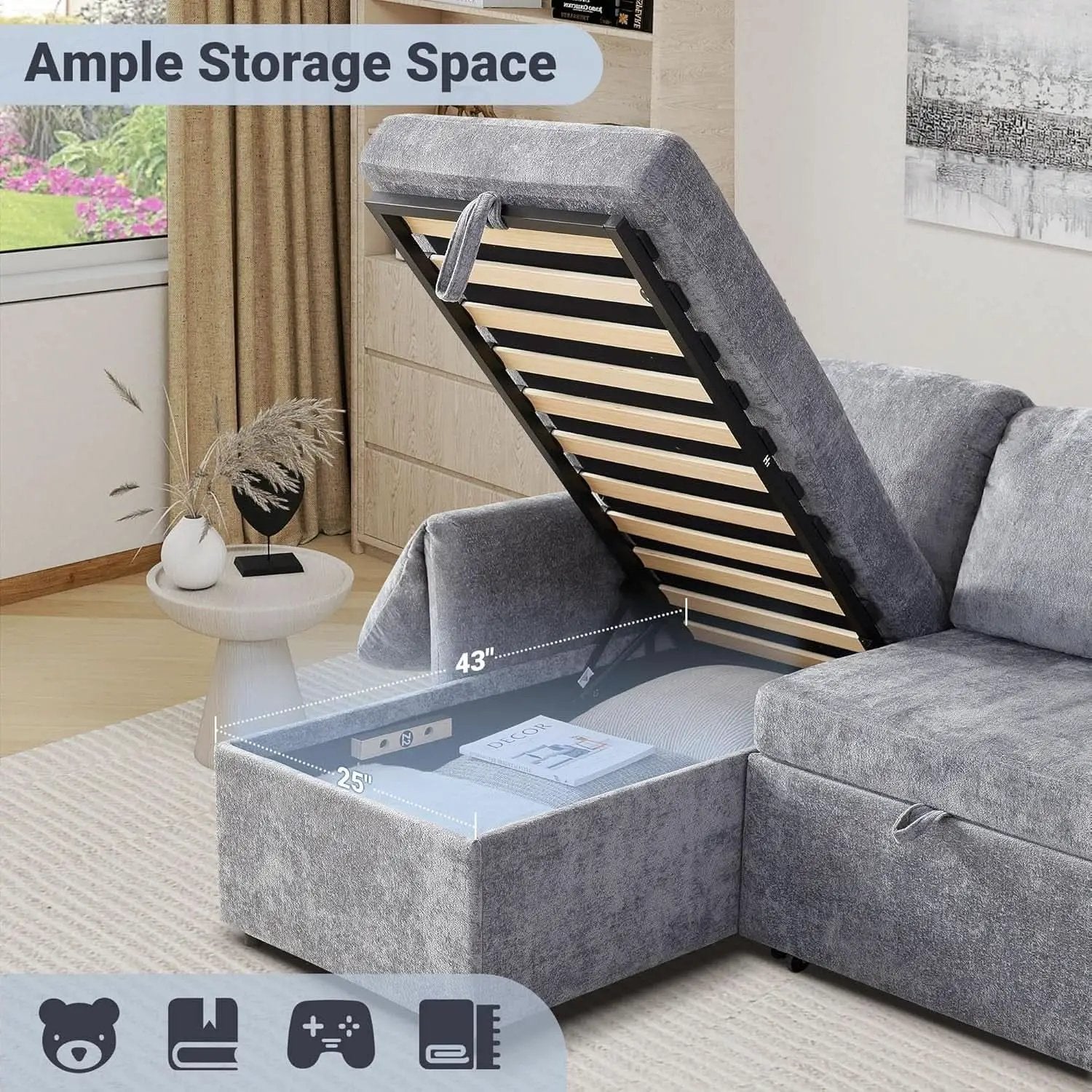 LightGray 83In Convertible PullOut Sofa Bed USBCharging from PriceLows™