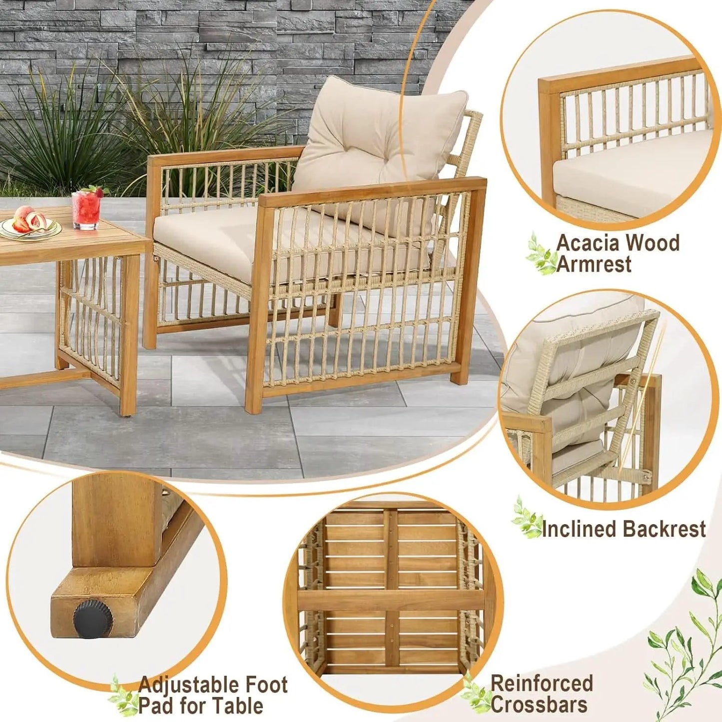 3 Piece Acacia Wood Patio Furniture Set With Beige PE Wicker Cushioned Chairs And Coffee Table from PriceLows™