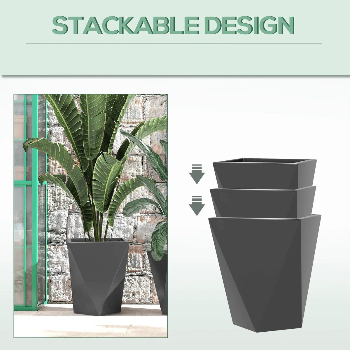 Outsunny 18", 15.25", 11.75" Tall Planters (Set of 3), Indoor Outdoor Planters With | 15.25 x 15.25 x 18 in | Outdoor Living Furniture | Gray
