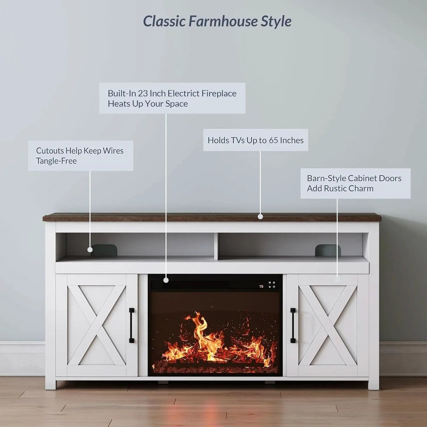 58 Inch White Farmhouse Fireplace TV Stand Cabinet from PriceLows™