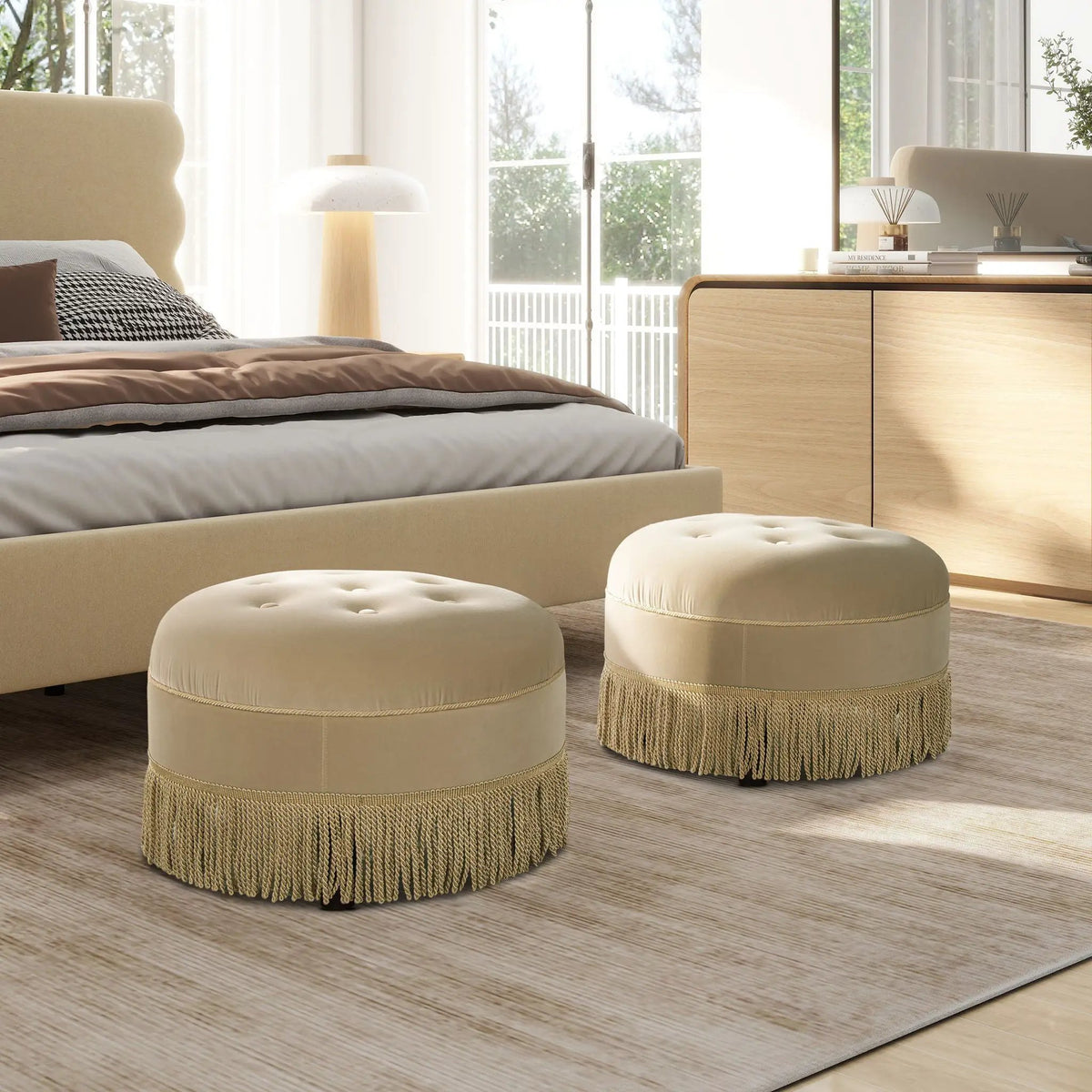 Yolanda Round Accent Ottoman | Handcrafted Quality | Kiln-Dried Hardwood Frame | 16 Inch Height