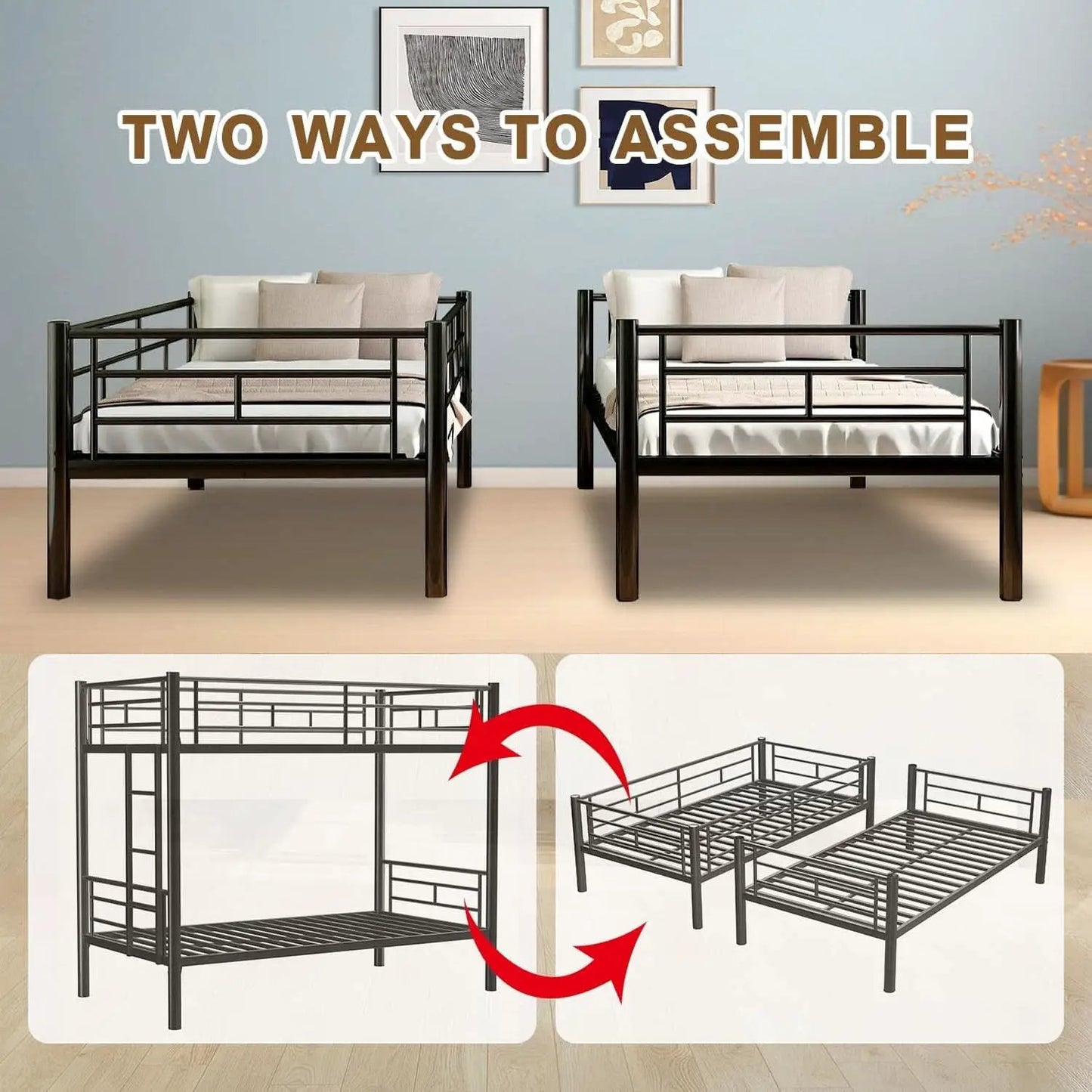Metal Bunk Bed Twin Over Twin Heavy Duty With Ladders Black from PriceLows™