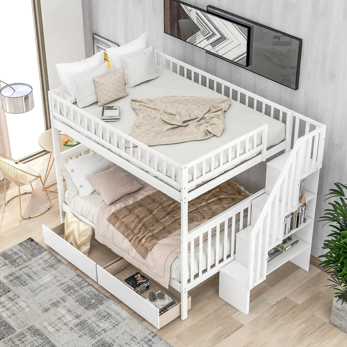 Twin Over Full Bunk Bed | Built In Staircase | Steel Frame