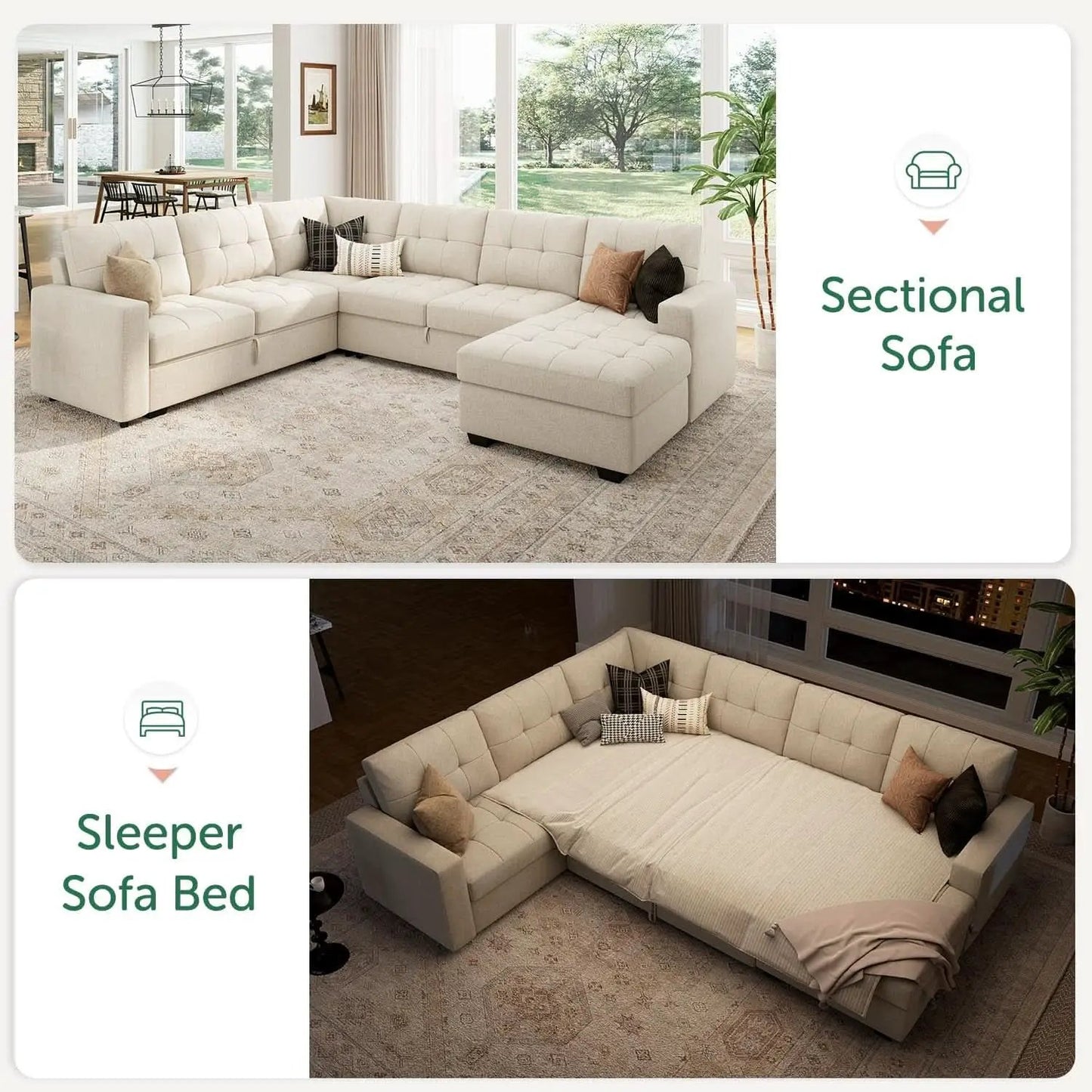 Beige U Shaped Sleeper Sofa Bed with Storage from PriceLows™