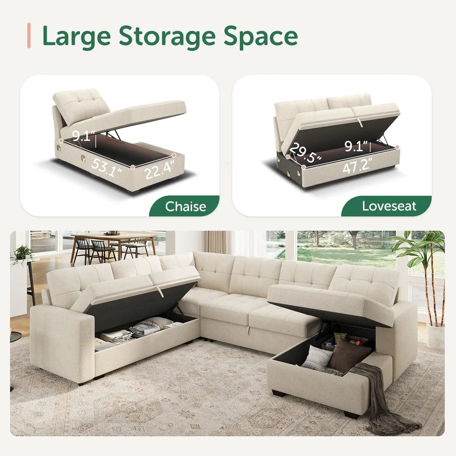 Beige U Shaped Sleeper Sofa Bed with Storage from PriceLows™