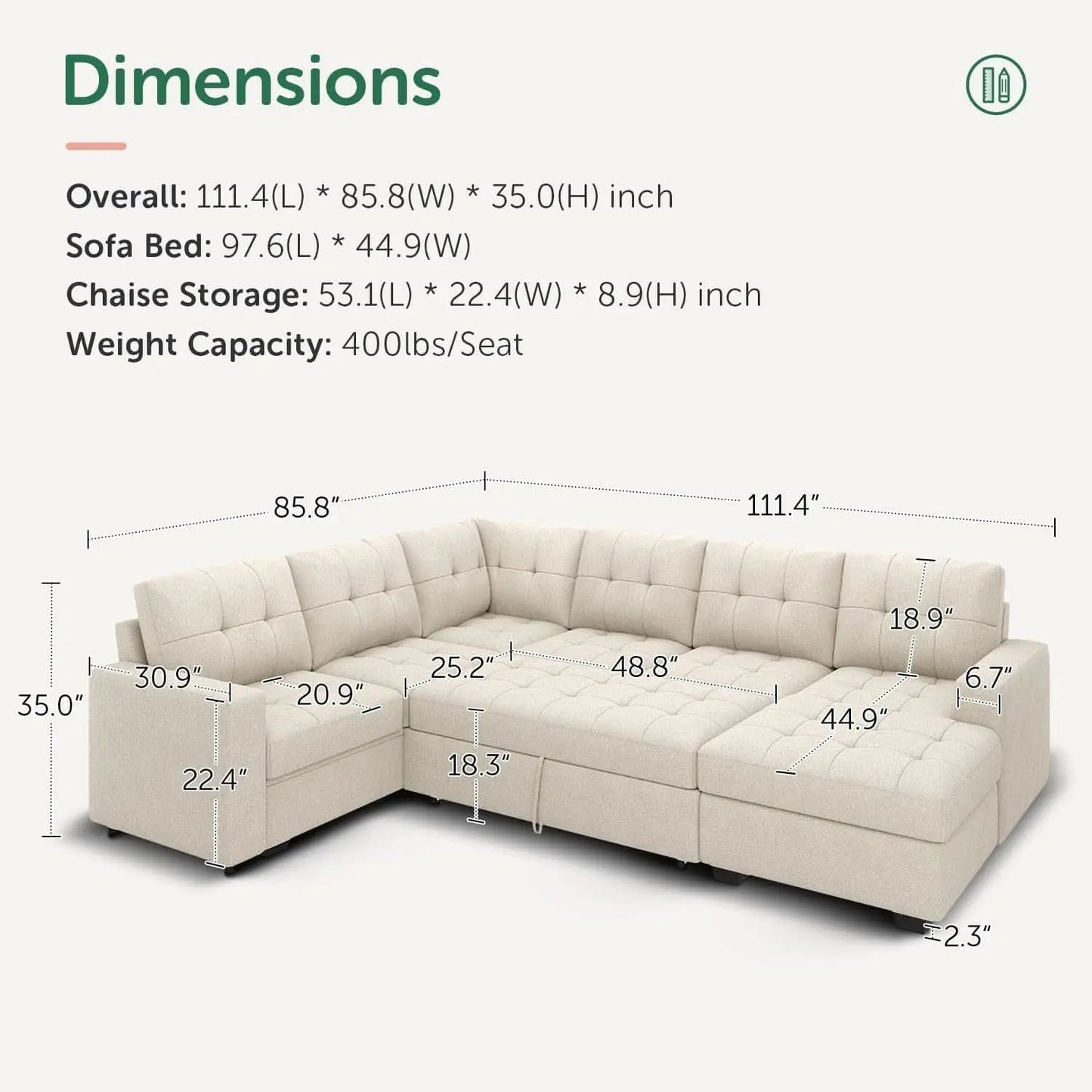Beige U Shaped Sleeper Sofa Bed with Storage from PriceLows™