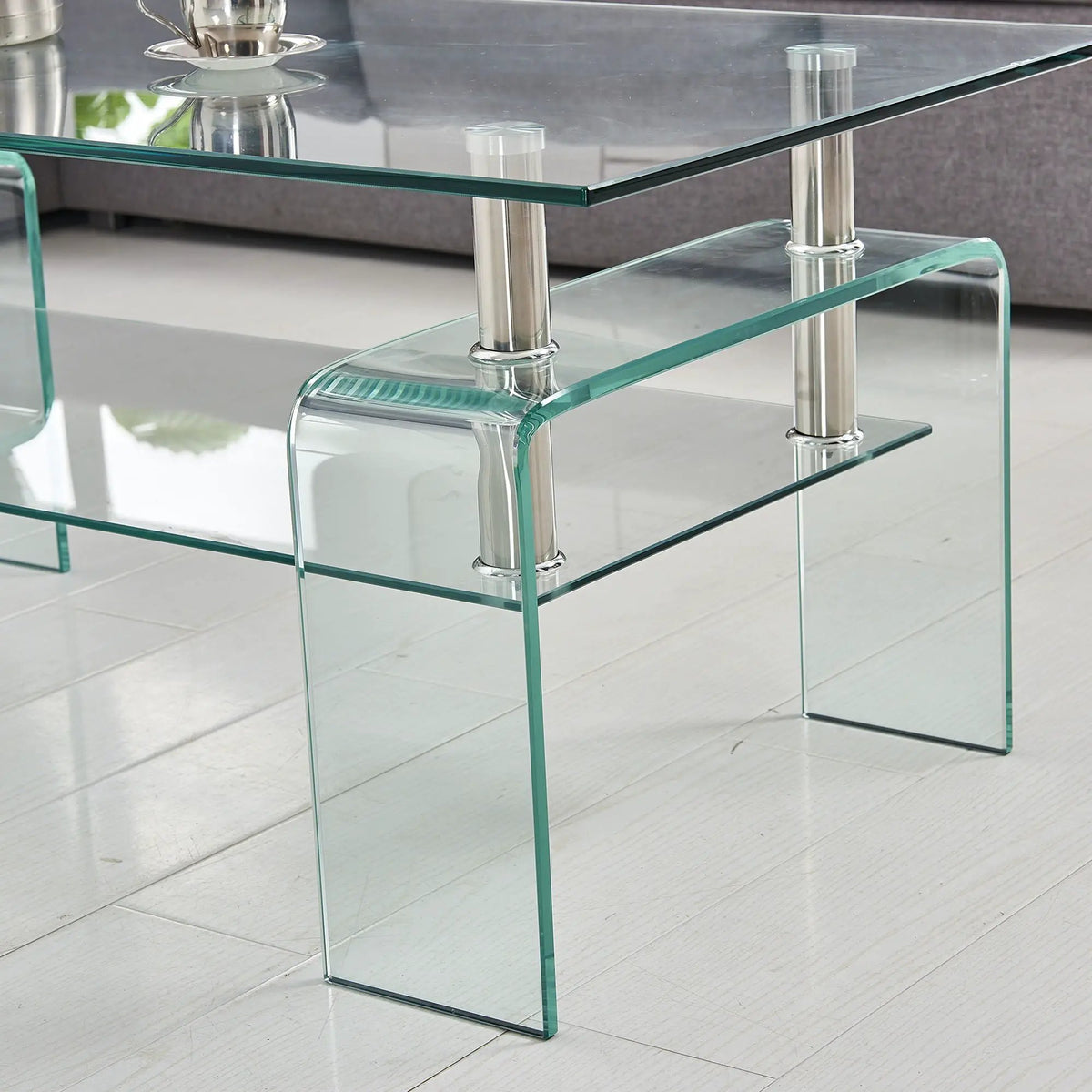 Tempered Glass Coffee Table | Two Tier Storage | Modern Geometric Design