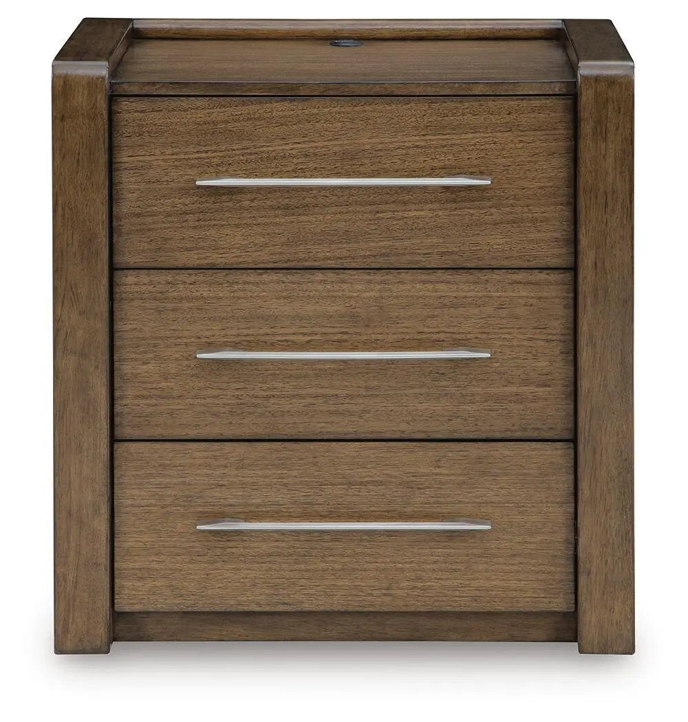 Marxmore Three Drawer Nightstand | Charging | Brown | Lined Top Drawer