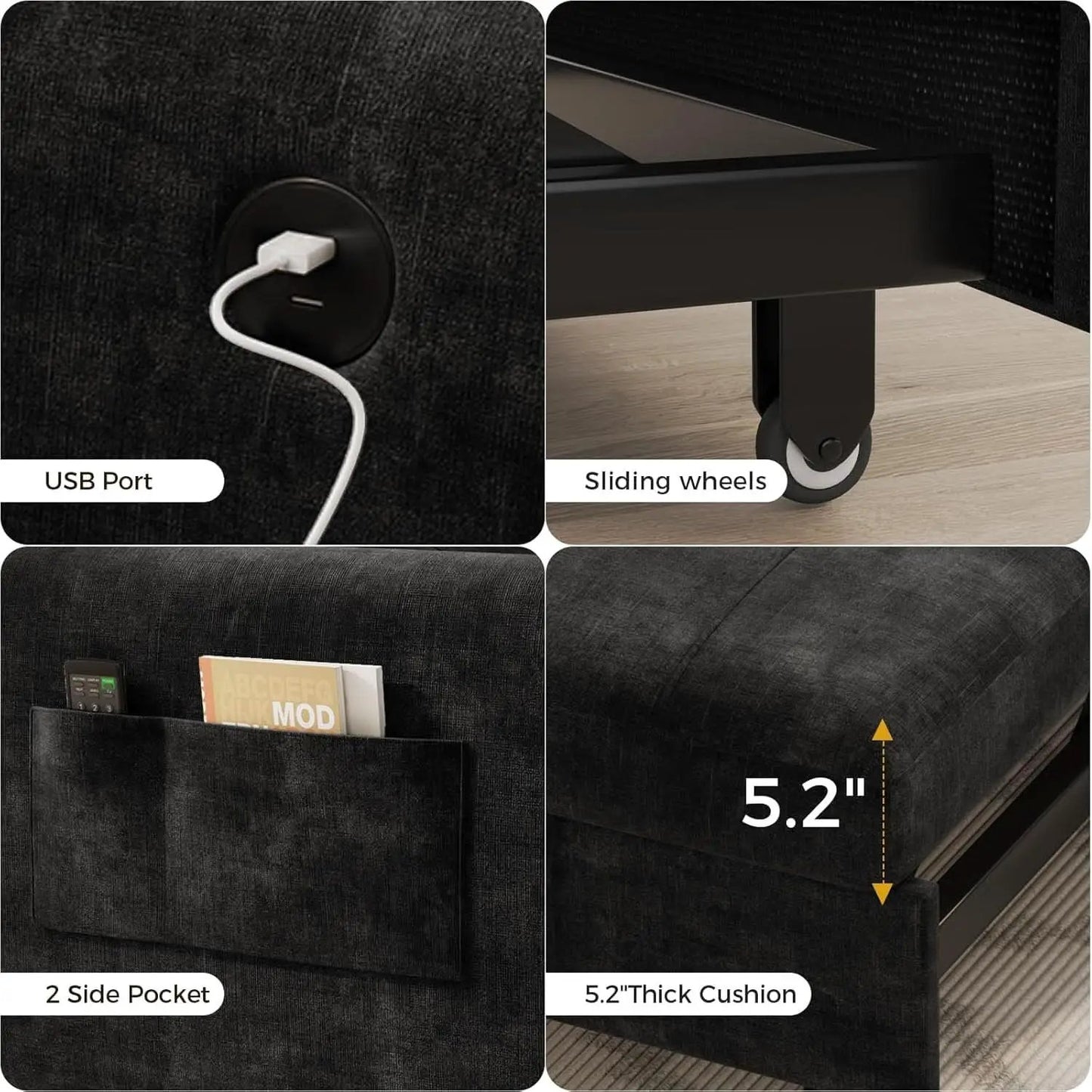 Black Upholstered Sleeper Chair Pull Out Bed For Small Rooms from PriceLows™