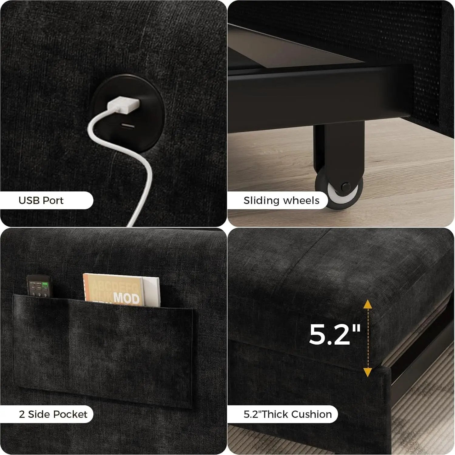 Black Upholstered Sleeper Chair Pull Out Bed For Small Rooms from PriceLows™