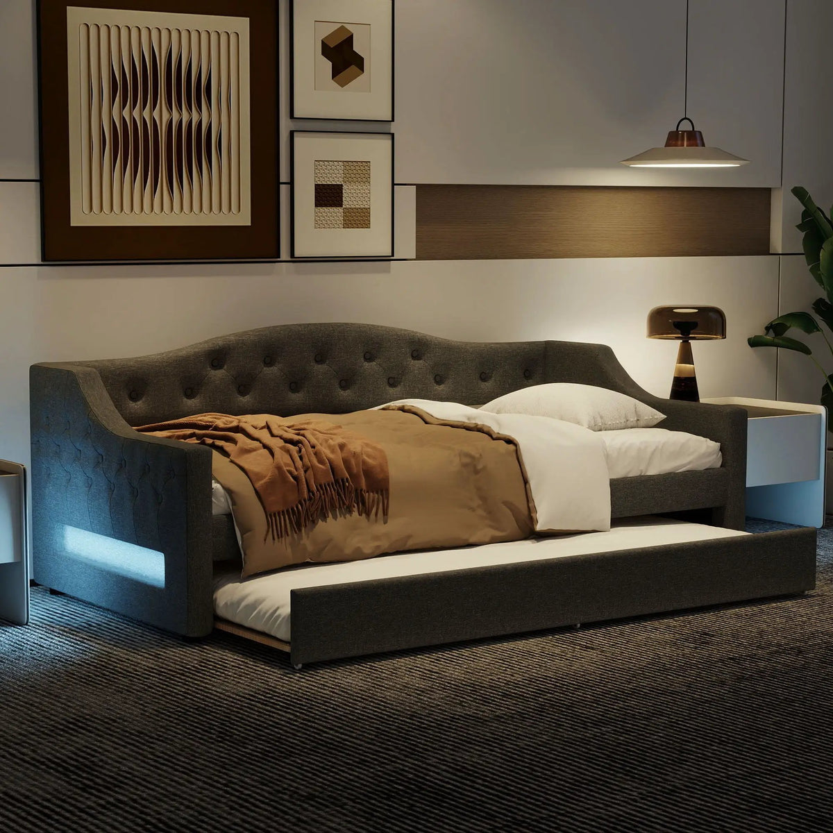 Daybed With LED Lights | Upholstered Trundle Daybed | Thickly Padded Sponge | 84 Inch Length