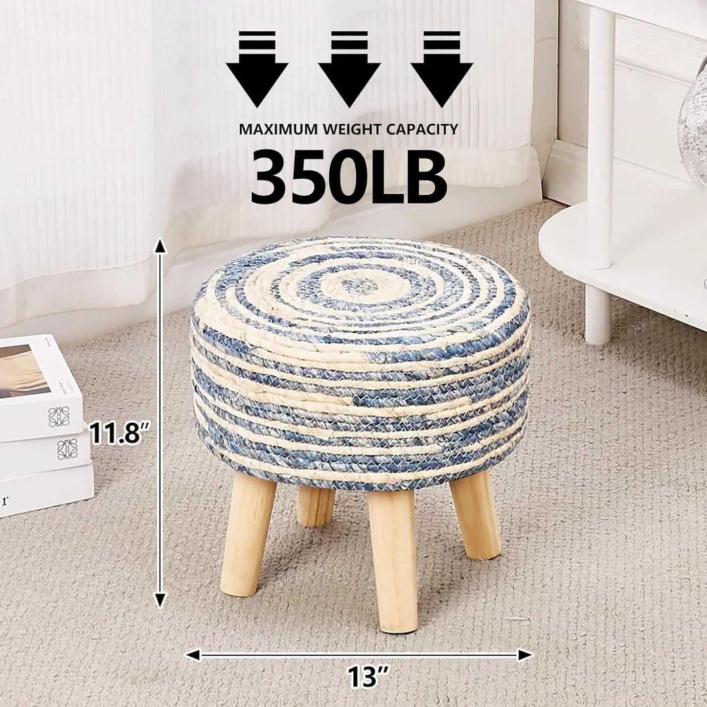 Round Seagrass Ottoman Footstool Handwoven Natural Blue from PriceLows™