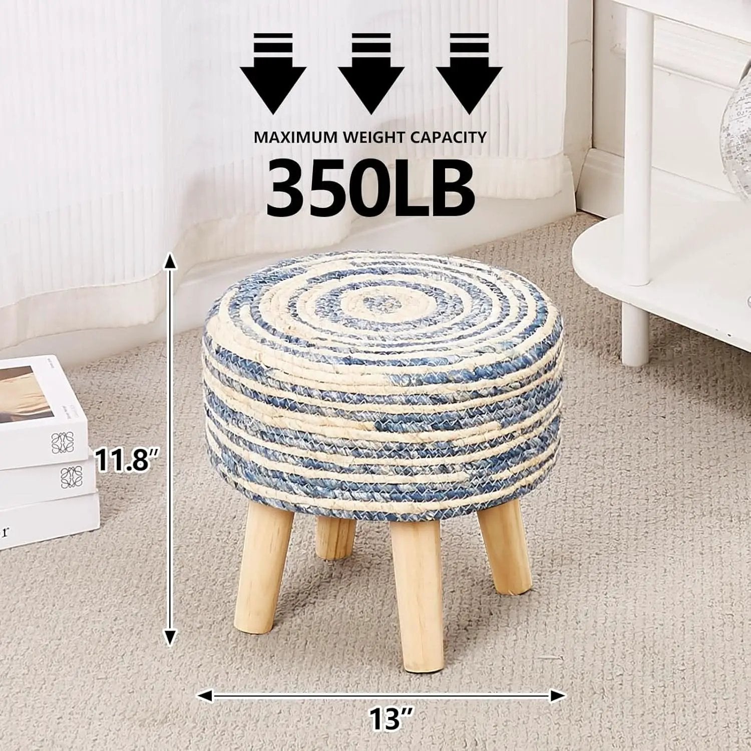 Round Seagrass Ottoman Footstool Handwoven Natural Blue from PriceLows™