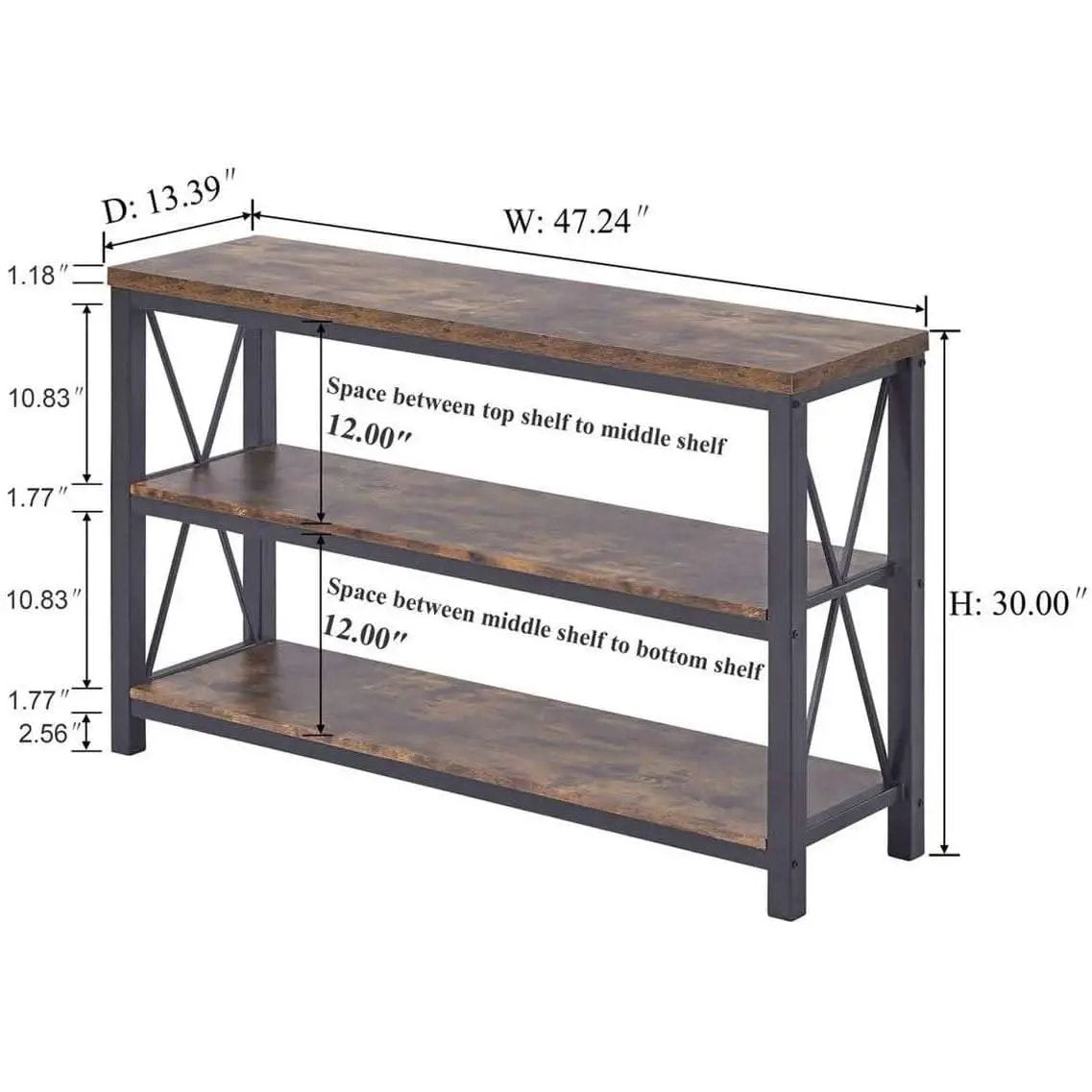 Rustic 47 Inch 3 Tier Sofa Console Table With Open Shelves from PriceLows™