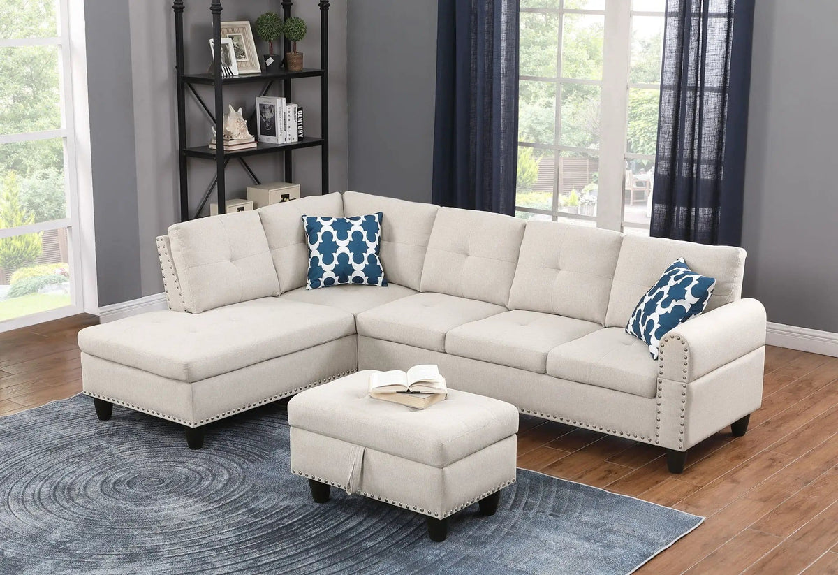 Alger Wide Left Hand Facing Sofa & Chaise With Ottoman 2 Piece Living Room Set | 71 x 98 x 33 in | Linen & Fabric | Beige