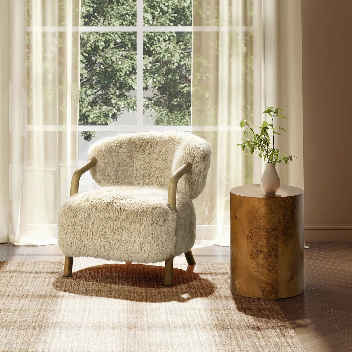 Becker Rustic Oak Sheepskin Upholstered Accent Arm Chair | 31.5 x 28.5 x 30 in | Wood | Taupe Beige