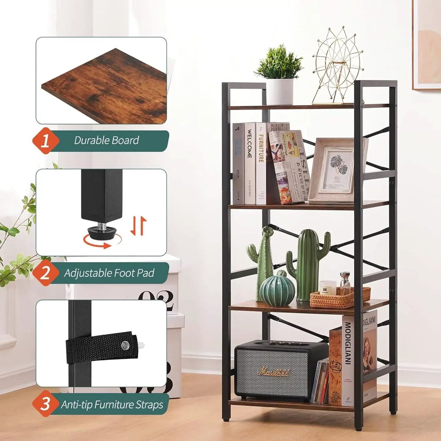 Industrial 4 Tier Narrow Bookcase Berry Brown Space Saving from PriceLows™