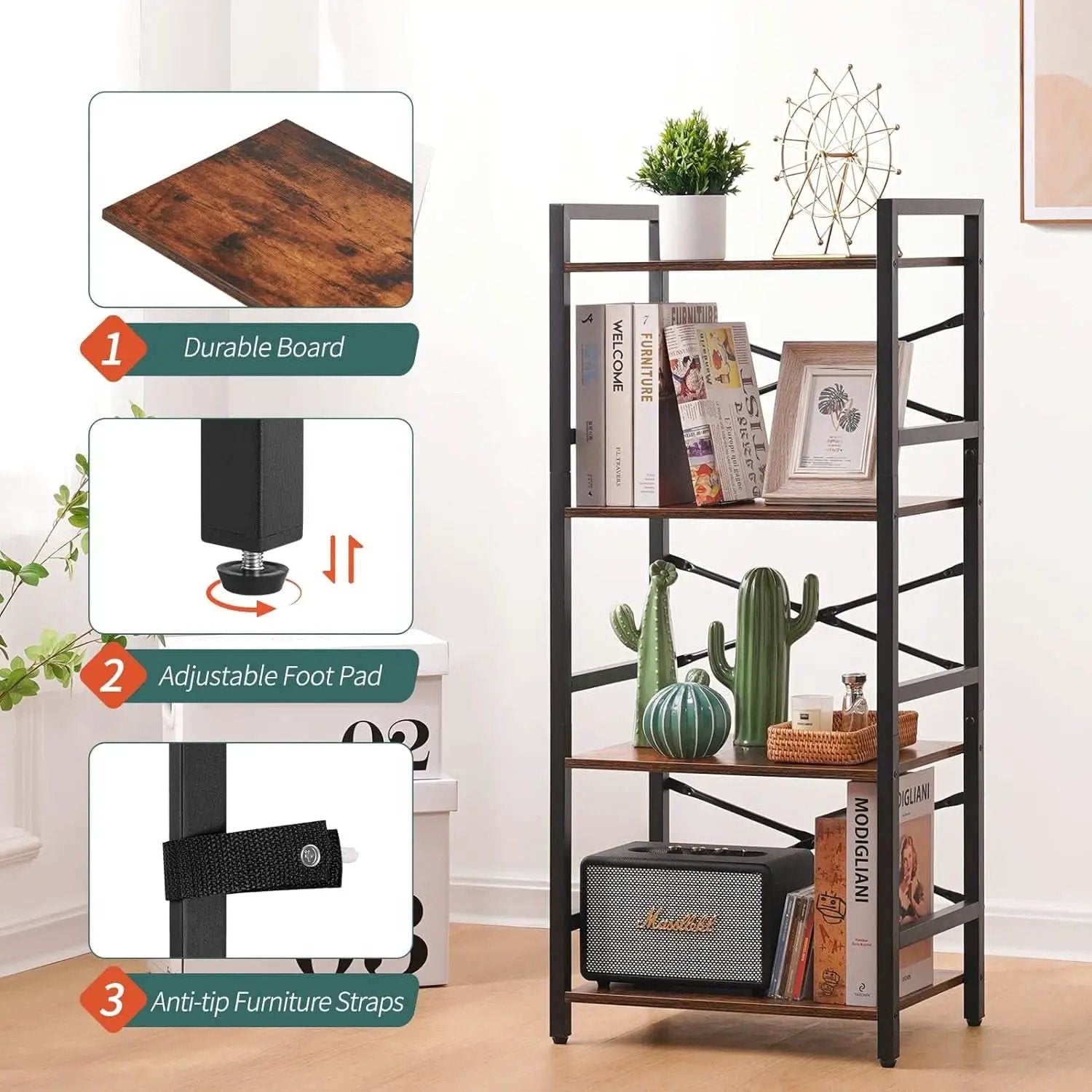 Industrial 4 Tier Narrow Bookcase Berry Brown Space Saving from PriceLows™