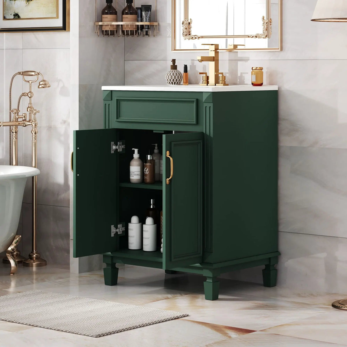 24 Inch Bathroom Vanity With Top Sink | Rubberwood Frame | 2 Soft Closing Doors | Glossy Ceramic Basin