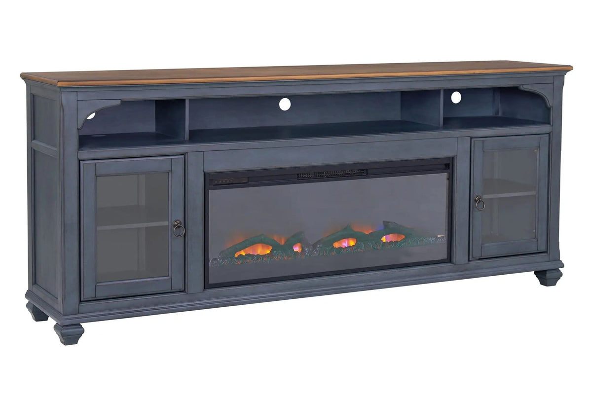 Fireplace TV Stand For TVs Up To 95" - | 86 x 18 x 34 in | Glass | Blue