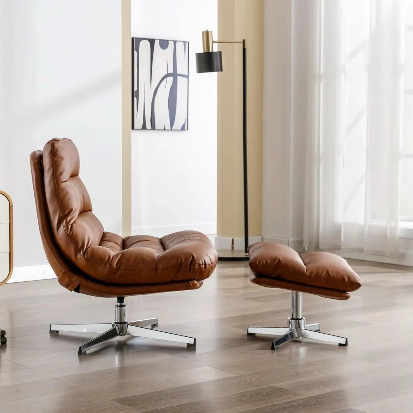 Brown Upholstered Faux Leather Swivel Chair Ottoman from PriceLows™