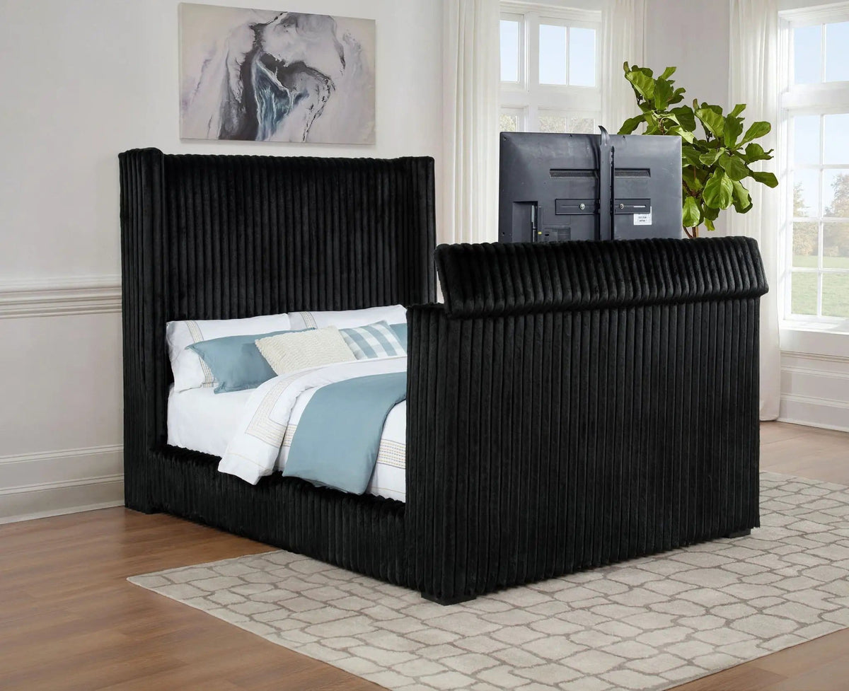 Centergrove Upholstered Queen Wingback TV Bed | 68.5 x 97.25 x 68 in | Velvet | Black