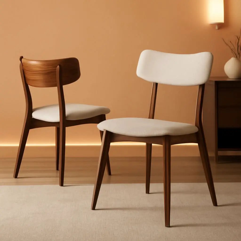 Mid Century Walnut Frame Dining Chairs Light Beige Set 2 from PriceLows™