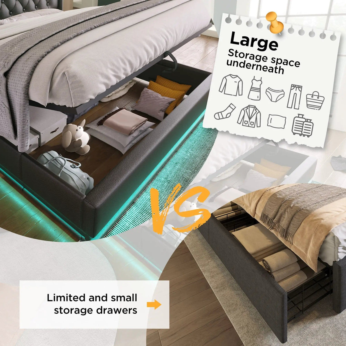 Upholstered Bed, 360 Surround LED Function, Remote Control, Hydraulic Storage Bed | 8 Pieces | Fabric & Iron | Bedroom